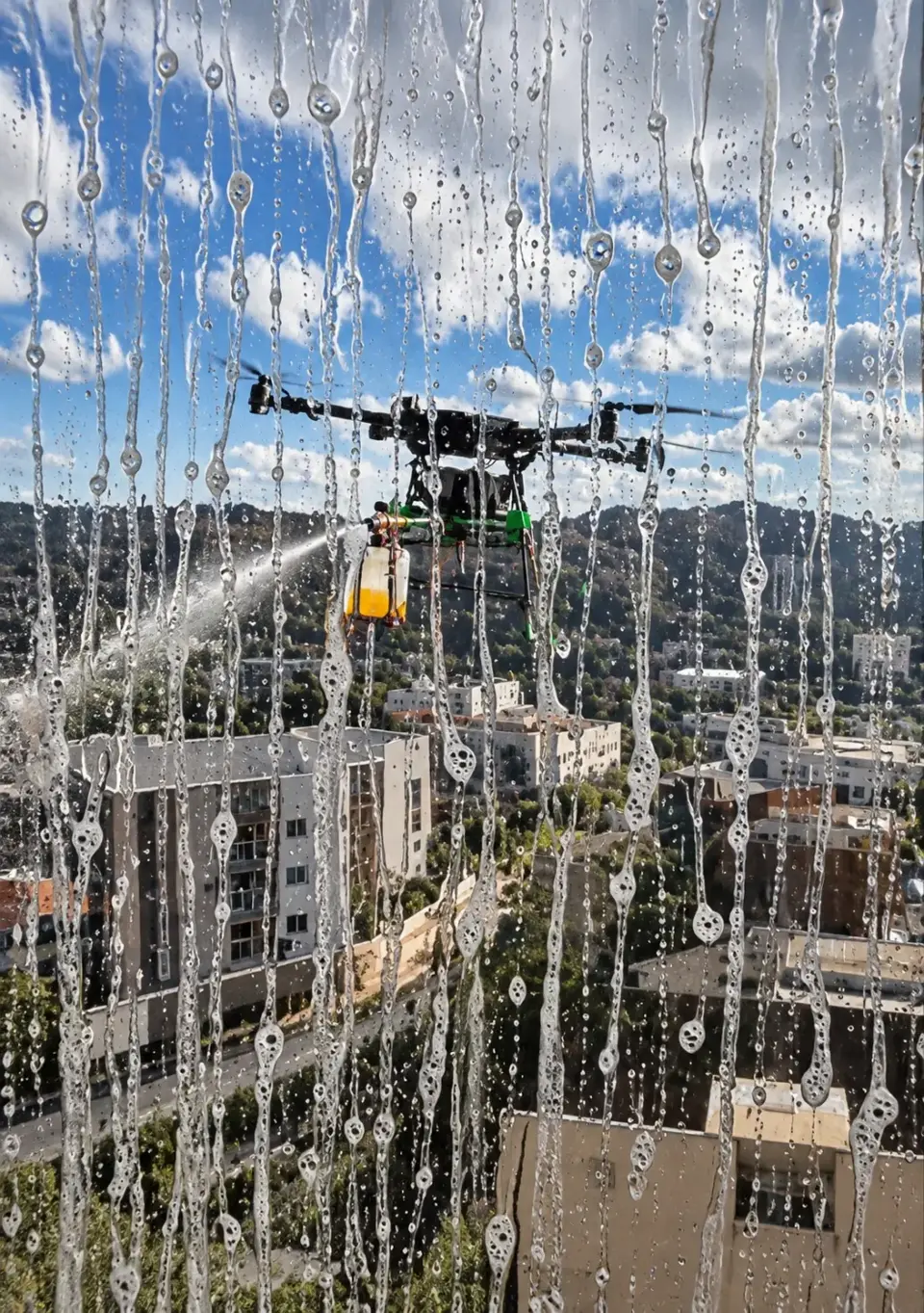 Drone limpando vidro com vista da cidade de Poços de Caldas ao fundo