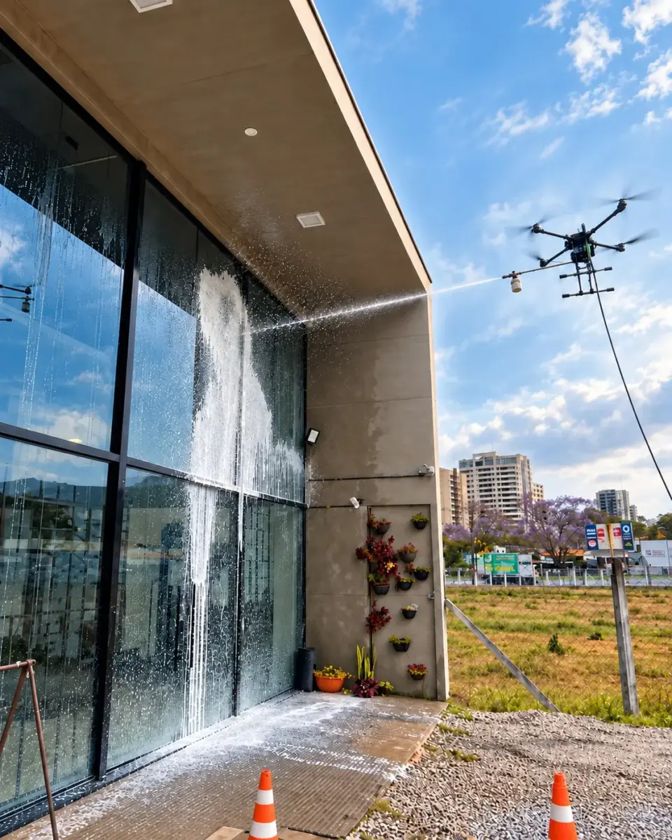 Lateral da fachada de vidro com drone em operação e área isolada com cones
