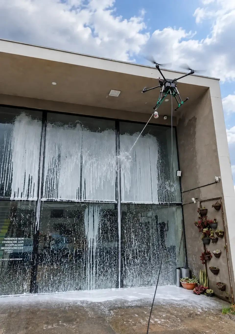Drone limpando a fachada de vidro de uma academia em Poços de Caldas